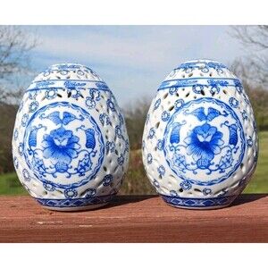 PAIR Bombay Company Reticulated Porcelain China Blue White Egg Figurines 4.25" H